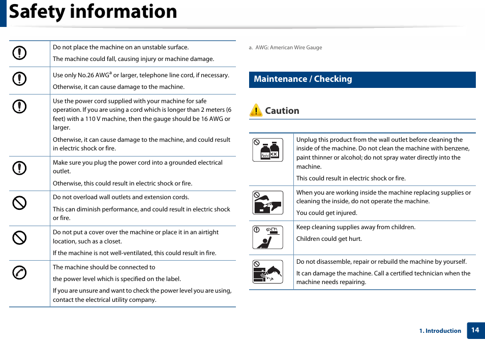 Safety information, Caution, Maintenance / checking | Samsung SL-C410W-XAA User Manual | Page 14 / 232