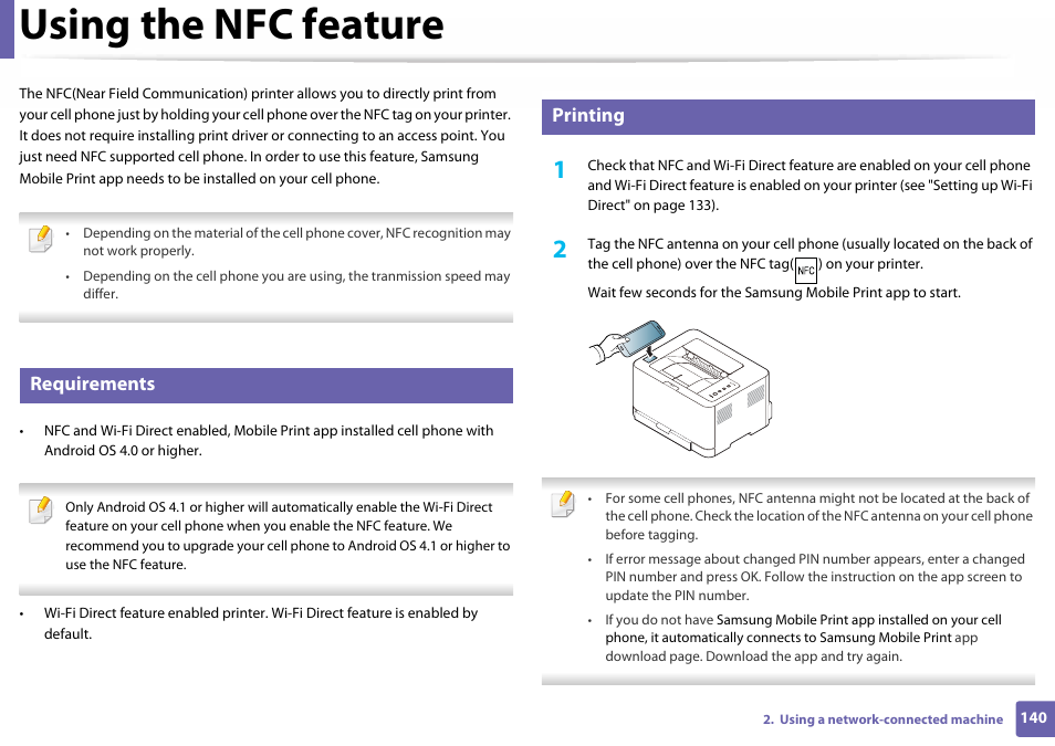 Using the nfc feature, Requirements, Printing | Samsung SL-C410W-XAA User Manual | Page 140 / 232