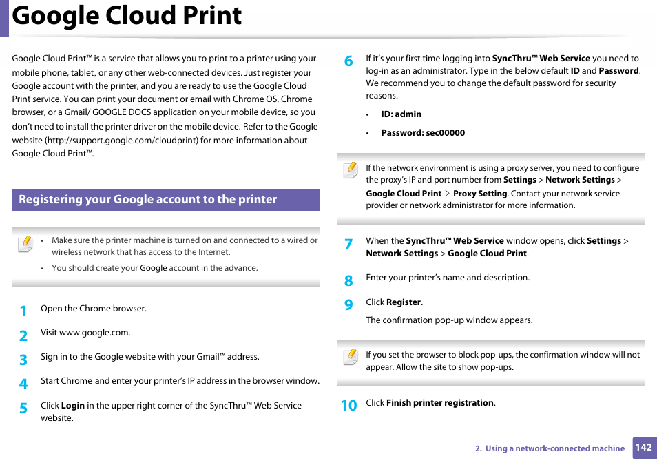 Google cloud print, Registering your google account to the printer | Samsung SL-C410W-XAA User Manual | Page 142 / 232