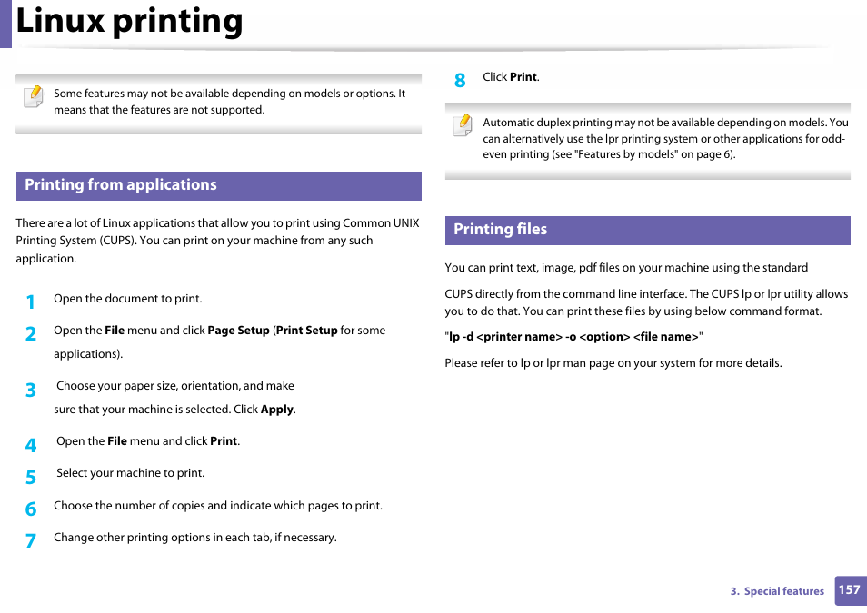 Linux printing, Printing from applications, Printing files | Samsung SL-C410W-XAA User Manual | Page 157 / 232
