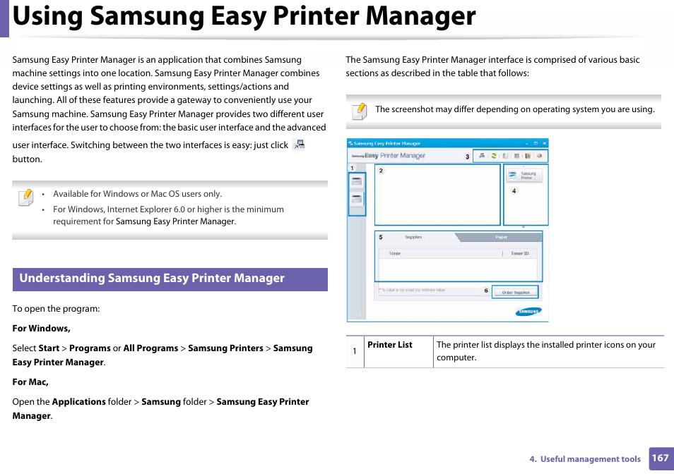 Using samsung easy printer manager, Understanding samsung easy printer manager | Samsung SL-C410W-XAA User Manual | Page 167 / 232
