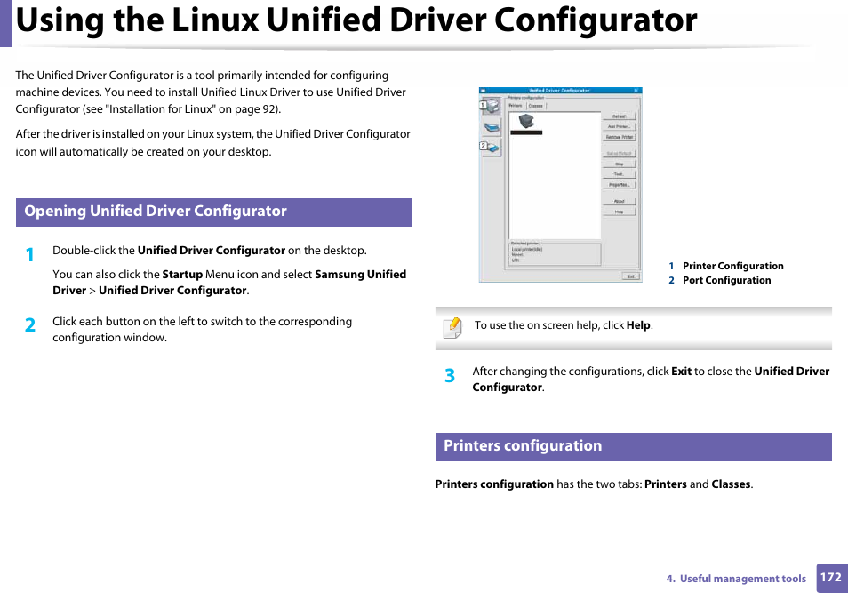 Using the linux unified driver configurator, Opening unified driver configurator, Printers configuration | Samsung SL-C410W-XAA User Manual | Page 172 / 232