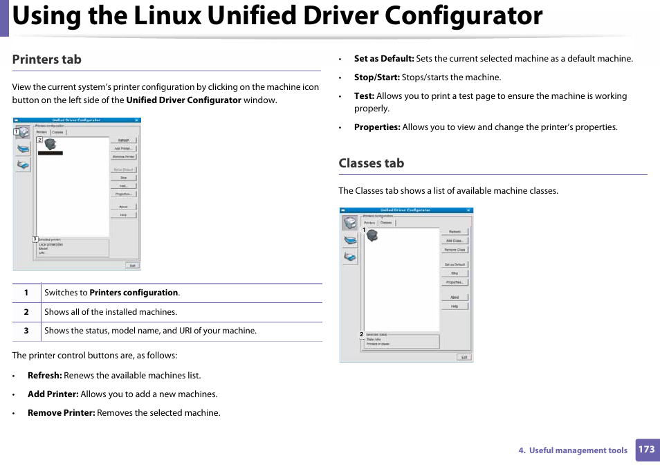 Using the linux unified driver configurator, Printers tab, Classes tab | Samsung SL-C410W-XAA User Manual | Page 173 / 232