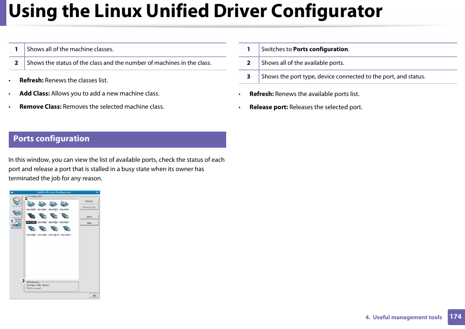 Using the linux unified driver configurator, Ports configuration | Samsung SL-C410W-XAA User Manual | Page 174 / 232
