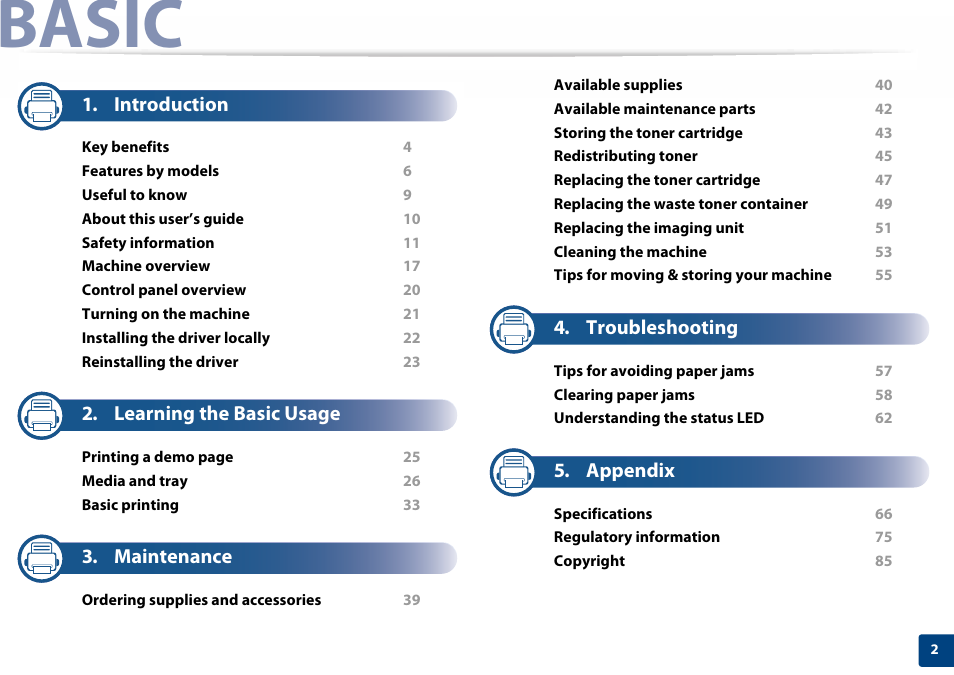 Basic, Introduction, Learning the basic usage | Maintenance, Troubleshooting, Appendix | Samsung SL-C410W-XAA User Manual | Page 2 / 232