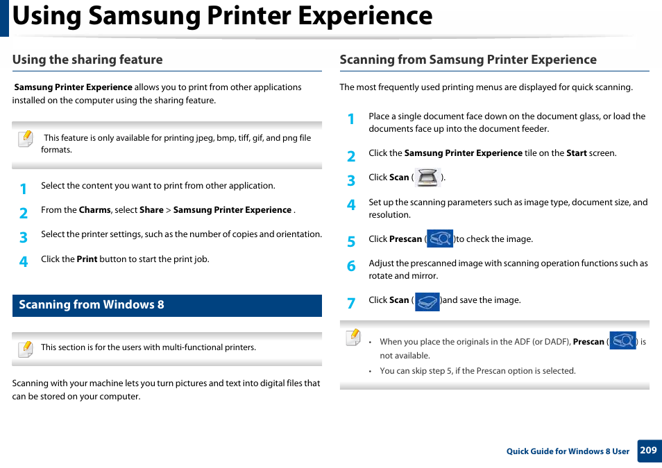 Using samsung printer experience, Using the sharing feature, Scanning from samsung printer experience | Scanning from windows 8 | Samsung SL-C410W-XAA User Manual | Page 209 / 232