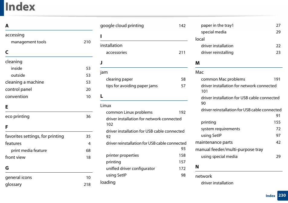 Index, Accessing, Management tools 210 | Cleaning, Inside 53, Outside 53, Cleaning a machine 53, Control panel 20, Convention 10, Eco printing 36 | Samsung SL-C410W-XAA User Manual | Page 230 / 232