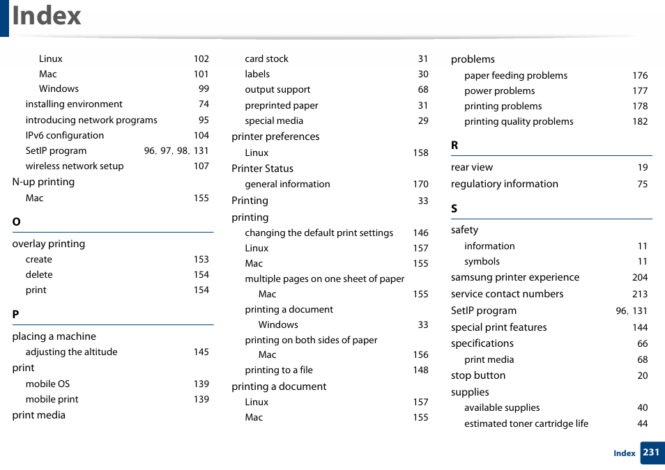 Linux 102, Mac 101, Windows 99 | Installing environment 74, Introducing network programs 95, Ipv6 configuration 104, Setip program 96, 97, 98, 131, Wireless network setup 107, N-up printing, Mac 155 | Samsung SL-C410W-XAA User Manual | Page 231 / 232