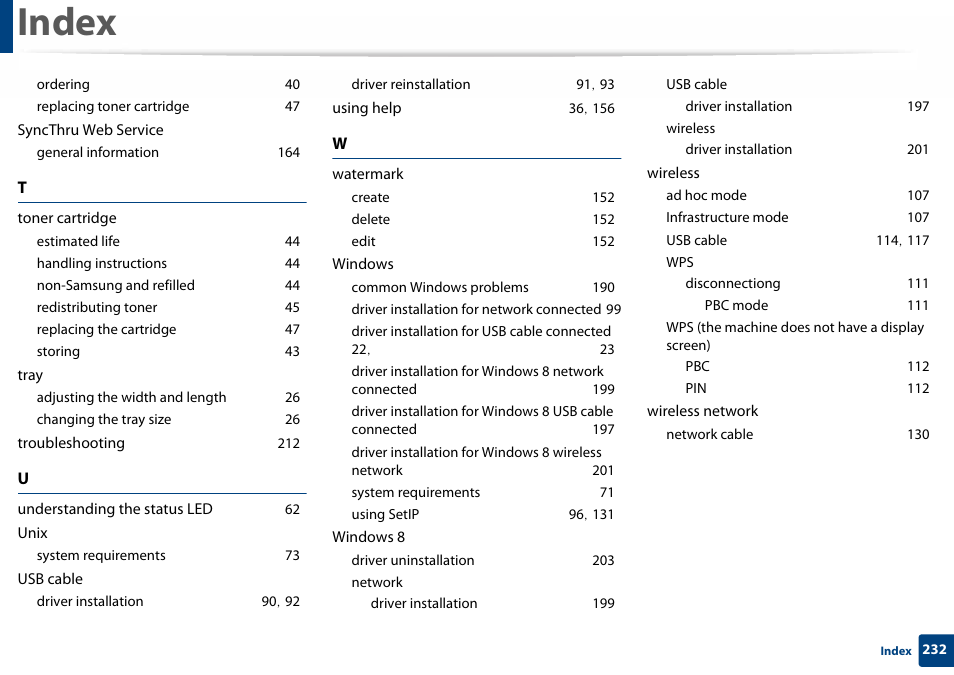 Ordering 40, Replacing toner cartridge 47, Syncthru web service | General information 164, Toner cartridge, Estimated life 44, Handling instructions 44, Non-samsung and refilled 44, Redistributing toner 45, Replacing the cartridge 47 | Samsung SL-C410W-XAA User Manual | Page 232 / 232