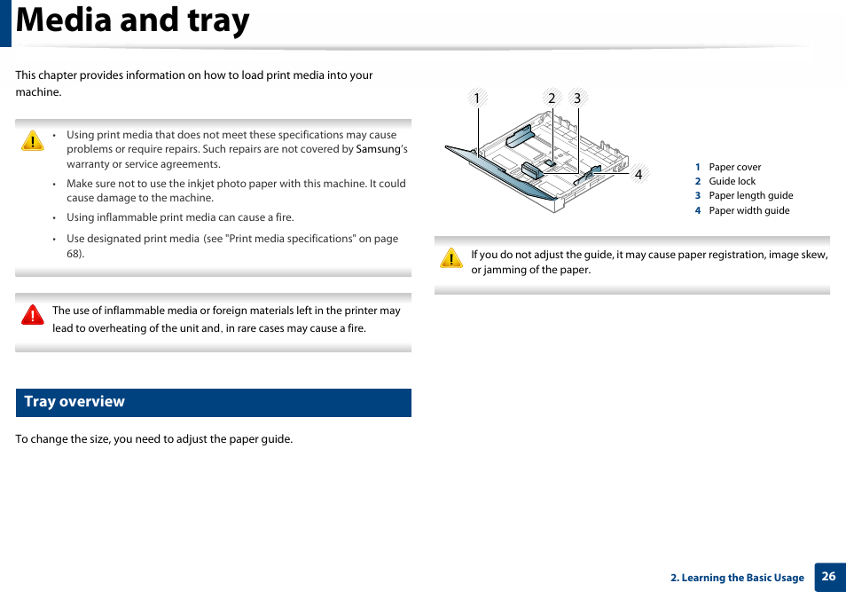 Media and tray, Tray overview | Samsung SL-C410W-XAA User Manual | Page 26 / 232