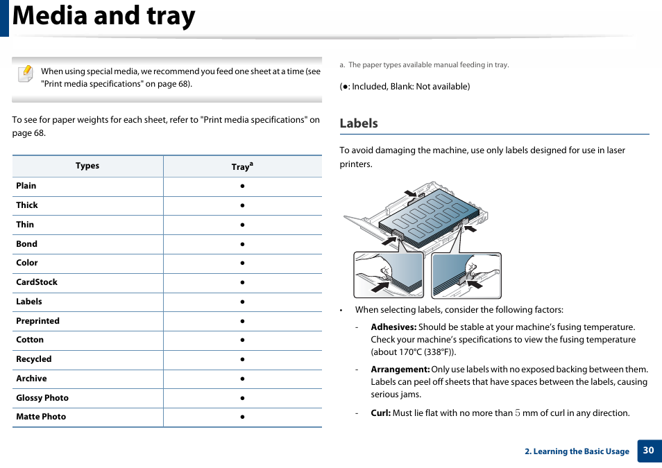 Media and tray, Labels | Samsung SL-C410W-XAA User Manual | Page 30 / 232