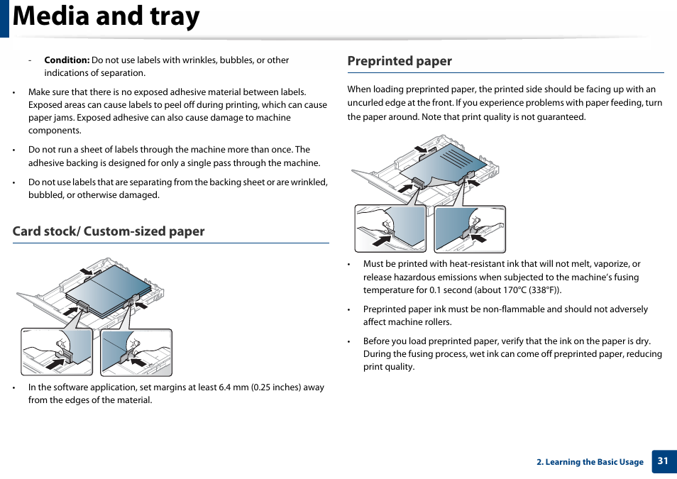 Media and tray, Card stock/ custom-sized paper, Preprinted paper | Samsung SL-C410W-XAA User Manual | Page 31 / 232