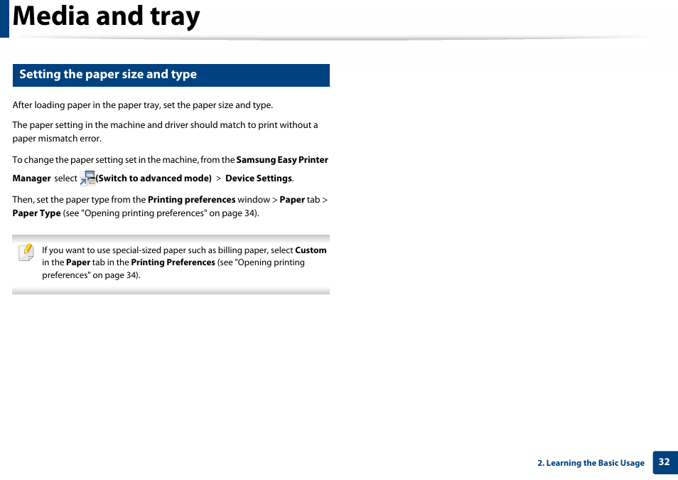 Media and tray, Setting the paper size and type | Samsung SL-C410W-XAA User Manual | Page 32 / 232