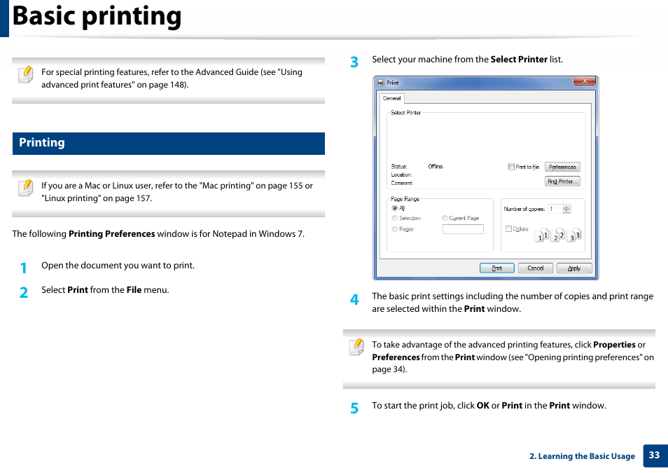Basic printing, Printing | Samsung SL-C410W-XAA User Manual | Page 33 / 232