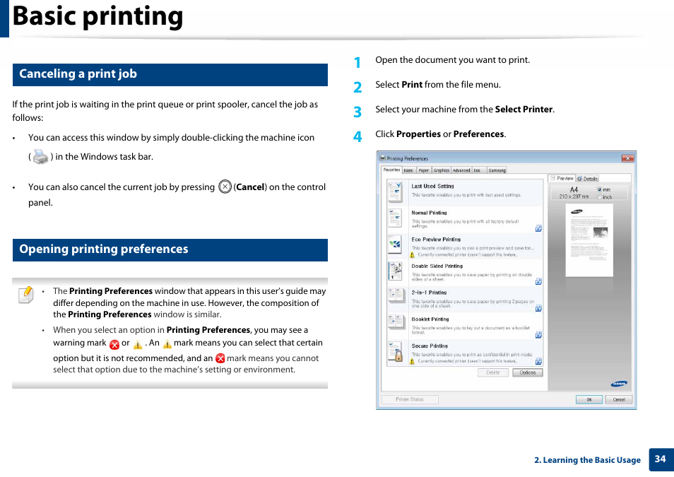 Basic printing, Canceling a print job, Opening printing preferences | Samsung SL-C410W-XAA User Manual | Page 34 / 232