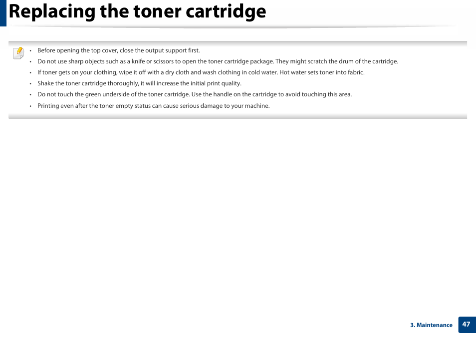 Replacing the toner cartridge | Samsung SL-C410W-XAA User Manual | Page 47 / 232