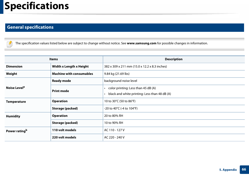 Specifications, General specifications | Samsung SL-C410W-XAA User Manual | Page 66 / 232