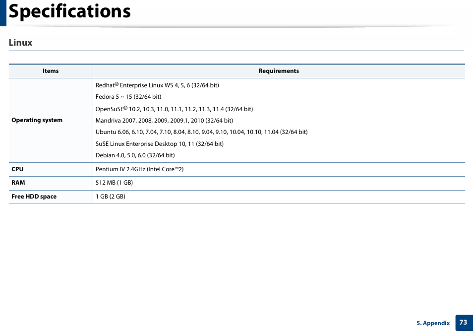 Specifications, Linux | Samsung SL-C410W-XAA User Manual | Page 73 / 232