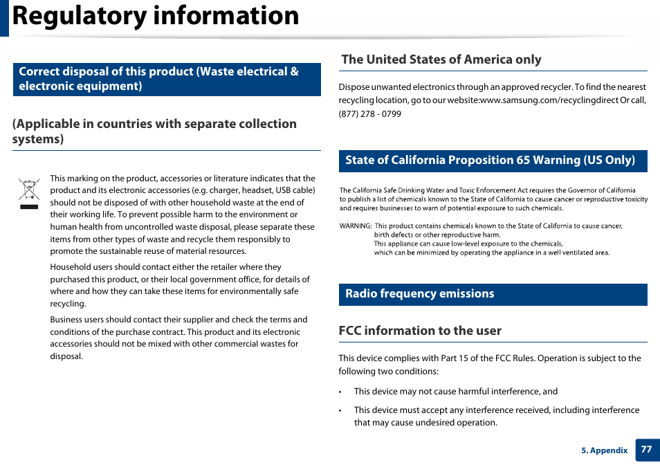 Regulatory information, Fcc information to the user, Radio frequency emissions | Samsung SL-C410W-XAA User Manual | Page 77 / 232