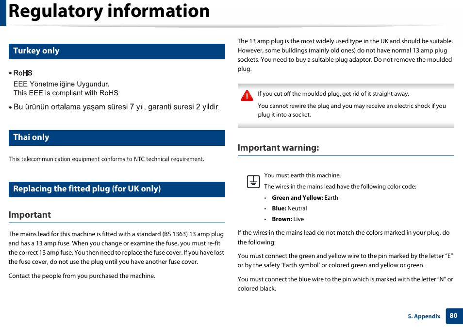 Regulatory information, Important, Important warning | Turkey only, Thai only, Replacing the fitted plug (for uk only) | Samsung SL-C410W-XAA User Manual | Page 80 / 232