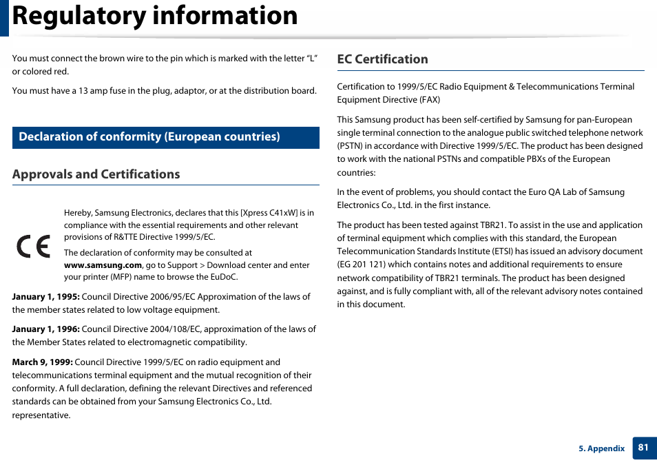Regulatory information, Approvals and certifications, Ec certification | Declaration of conformity (european countries) | Samsung SL-C410W-XAA User Manual | Page 81 / 232