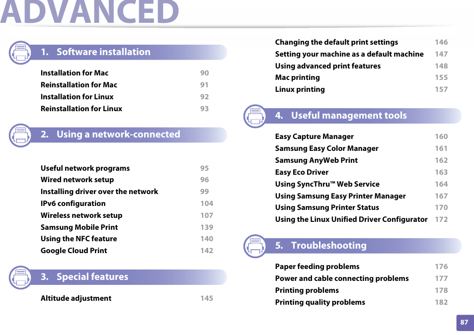 Advanced, Software installation, Using a network-connected machine | Special features, Useful management tools, Troubleshooting | Samsung SL-C410W-XAA User Manual | Page 87 / 232