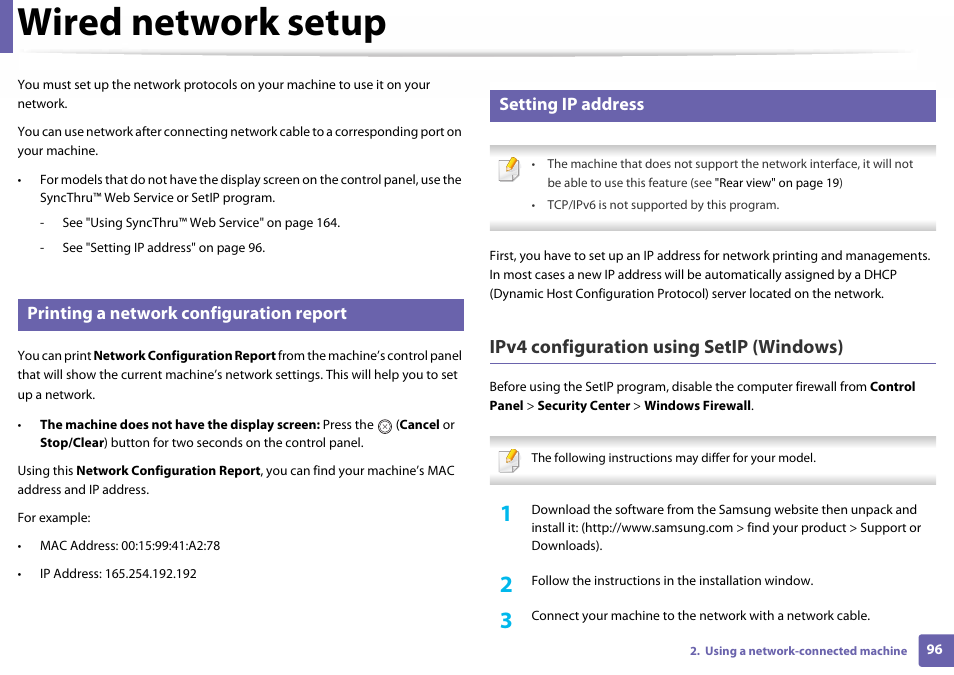 Wired network setup, Ipv4 configuration using setip (windows), Printing a network configuration report | Setting ip address | Samsung SL-C410W-XAA User Manual | Page 96 / 232