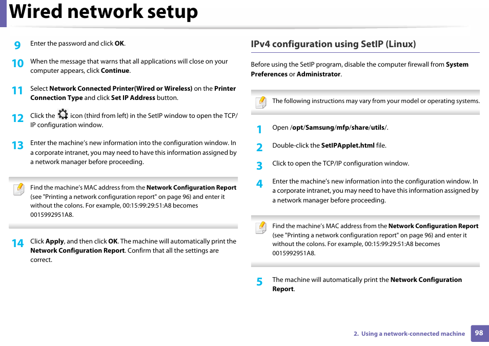 Wired network setup, Ipv4 configuration using setip (linux) | Samsung SL-C410W-XAA User Manual | Page 98 / 232