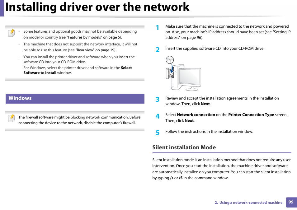 Installing driver over the network, Installing driver over the network99), Silent installation mode | Windows | Samsung SL-C410W-XAA User Manual | Page 99 / 232