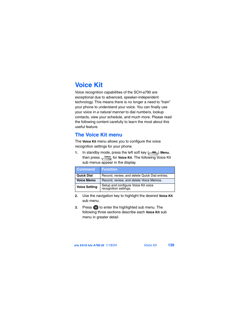 Voice kit, The voice kit menu | Samsung SCH-A790ZKVXAR User Manual | Page 147 / 198