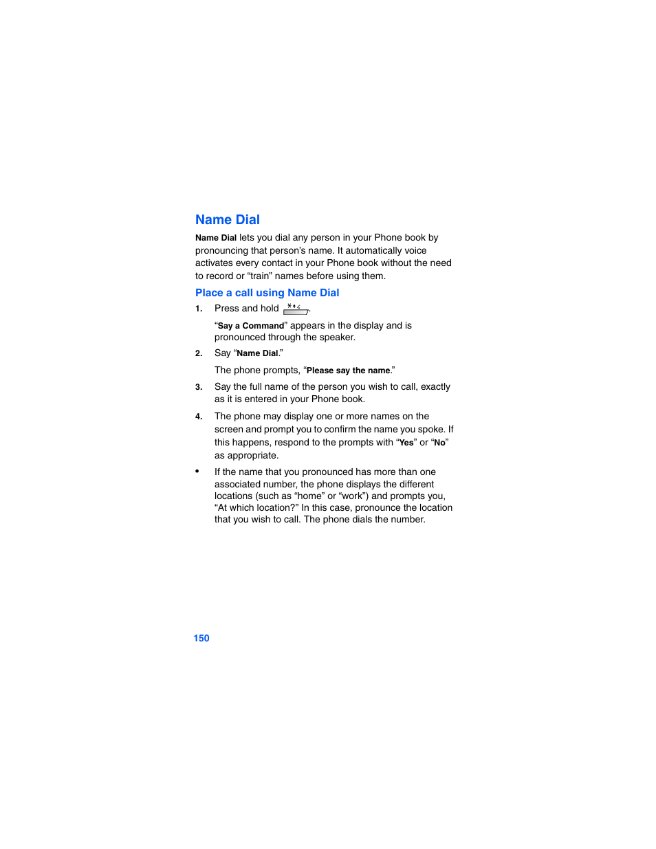 Name dial, The phone prompts, “please say the name | Samsung SCH-A790ZKVXAR User Manual | Page 158 / 198