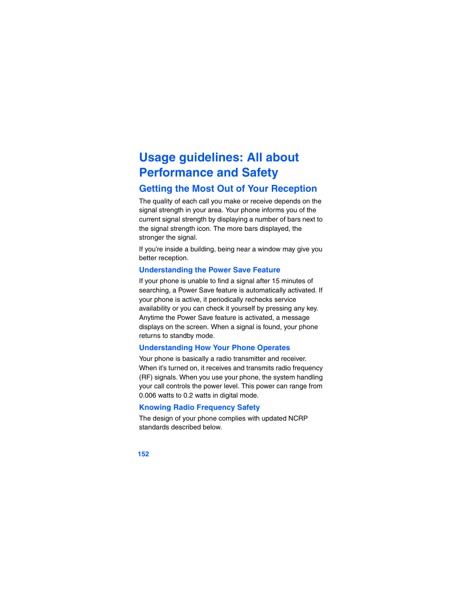 Performance and safety, Getting the most out of your reception, Usage guidelines: all about performance and safety | Samsung SCH-A790ZKVXAR User Manual | Page 160 / 198