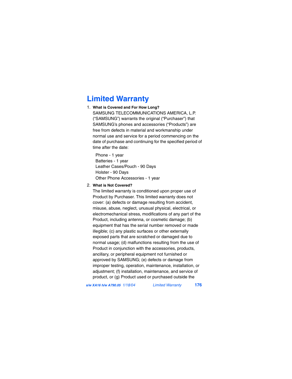 Limited warranty | Samsung SCH-A790ZKVXAR User Manual | Page 184 / 198