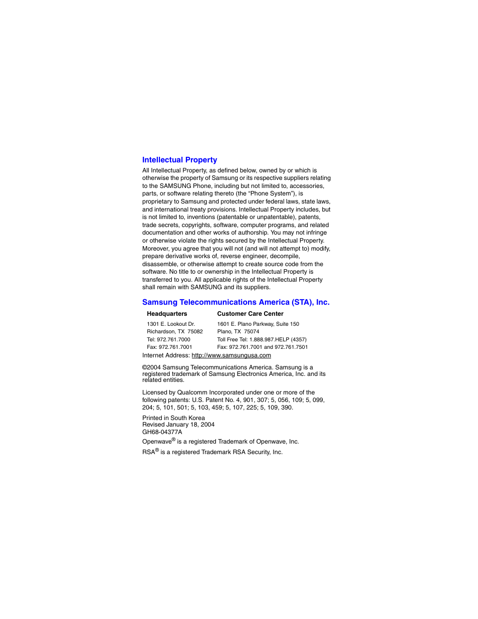 Intellectual property, Samsung telecommunications america (sta), inc | Samsung SCH-A790ZKVXAR User Manual | Page 2 / 198