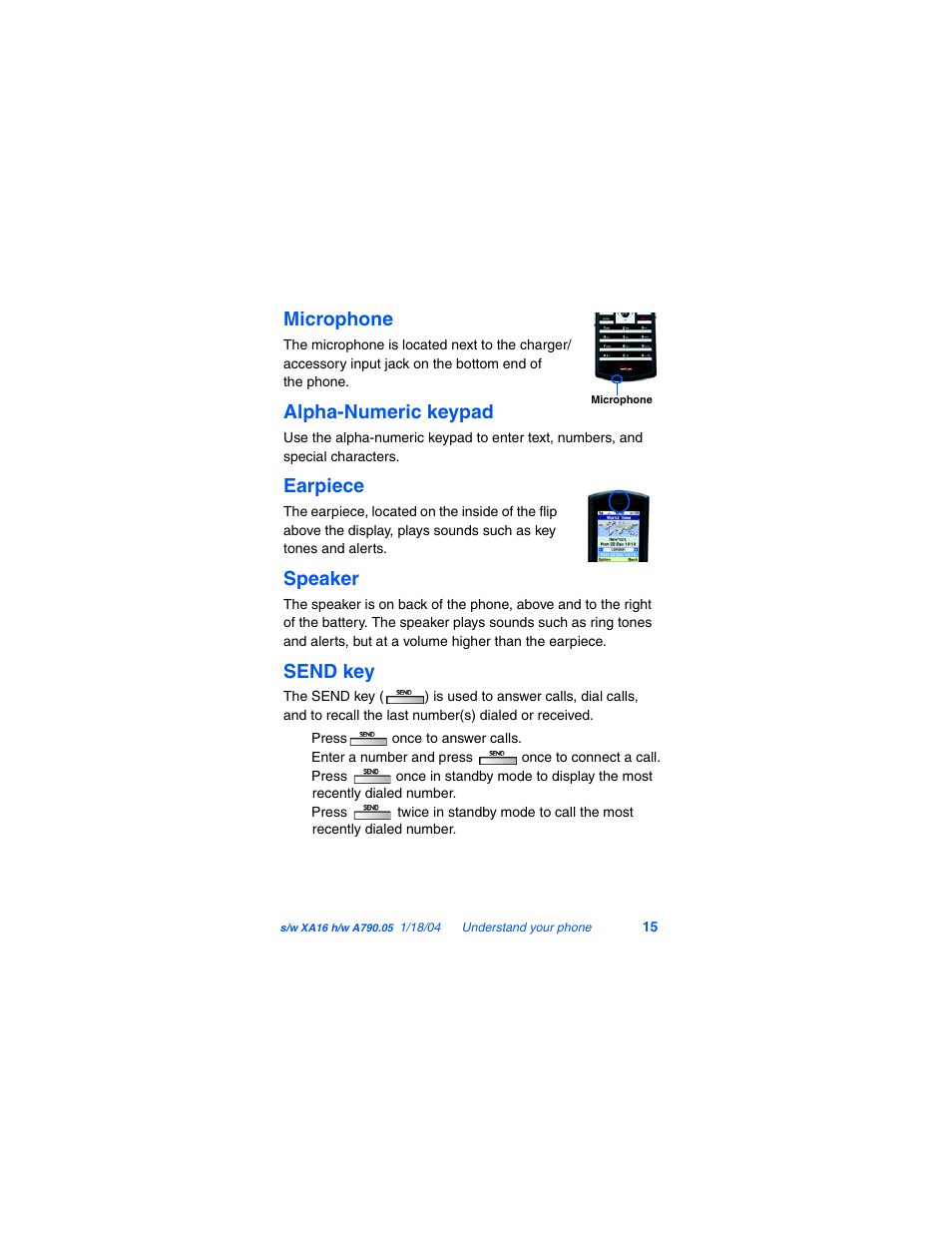 Microphone, Alpha-numeric keypad, Earpiece | Speaker, Send key | Samsung SCH-A790ZKVXAR User Manual | Page 23 / 198