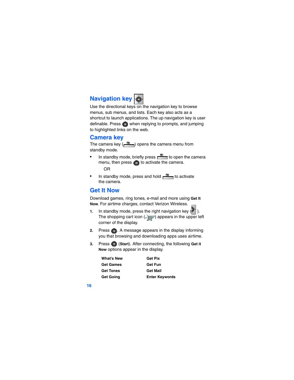 Navigation key, Camera key, Get it now | Samsung SCH-A790ZKVXAR User Manual | Page 24 / 198