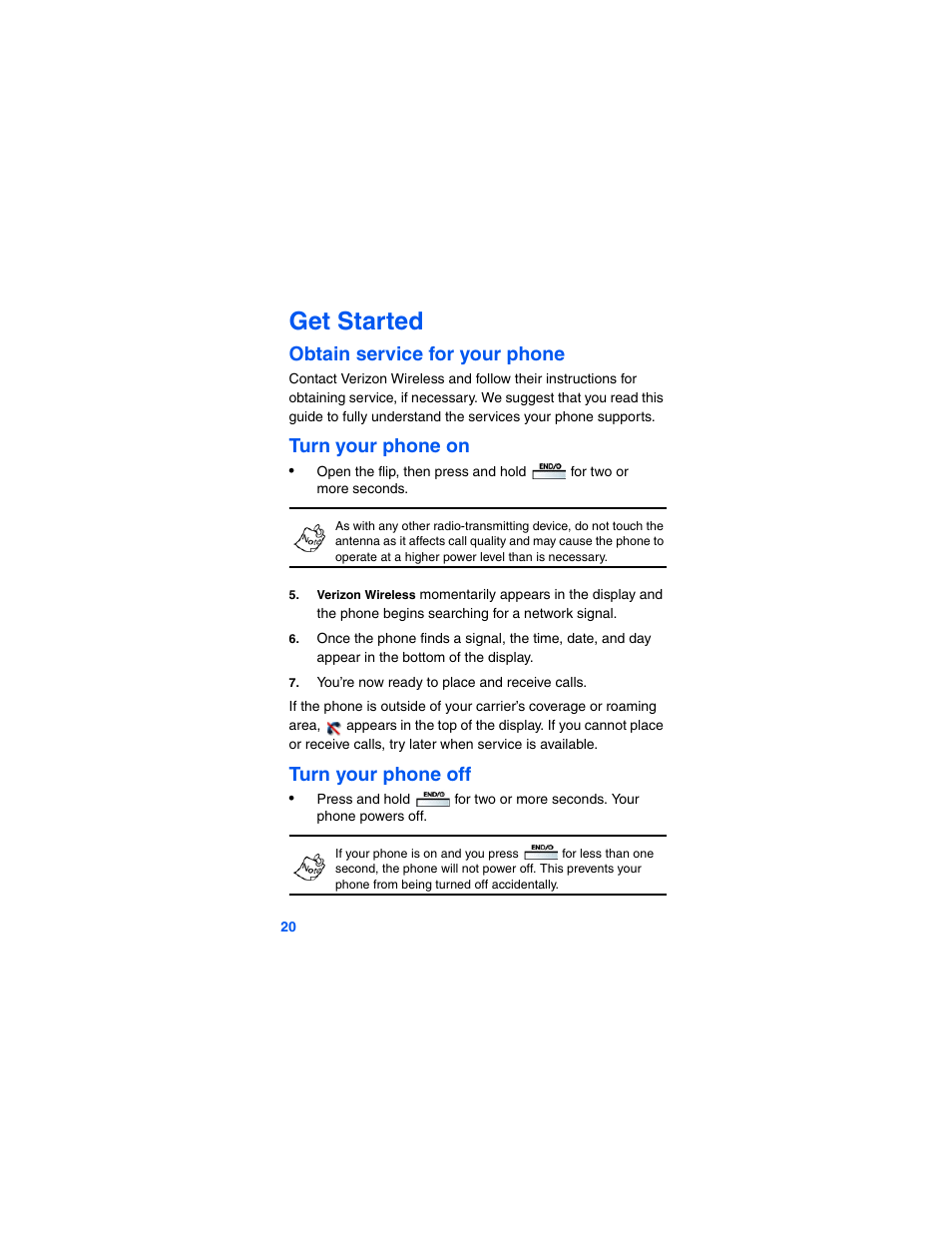 Get started, Obtain service for your phone, Turn your phone on | Turn your phone off | Samsung SCH-A790ZKVXAR User Manual | Page 28 / 198