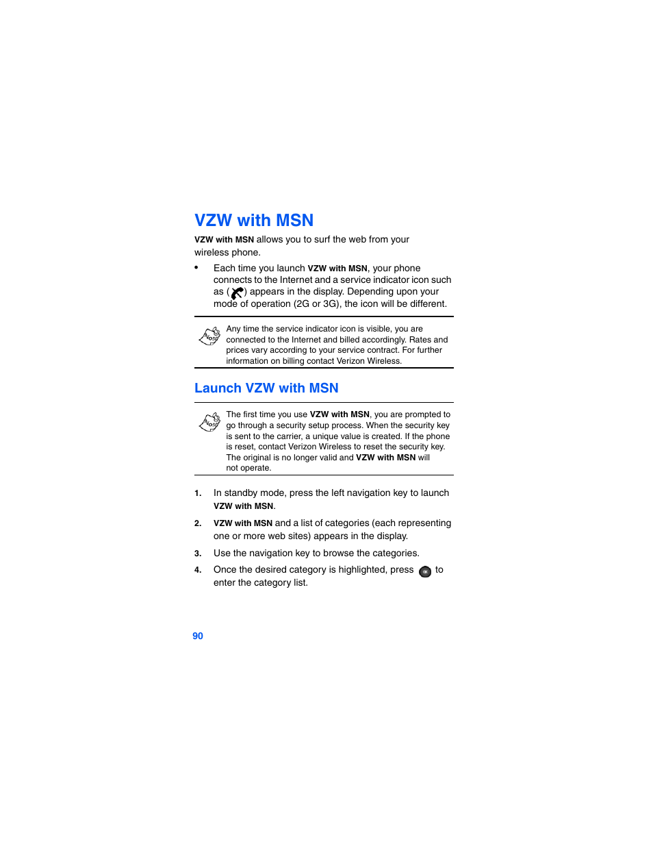 Vzw with msn, Launch vzw with msn | Samsung SCH-A790ZKVXAR User Manual | Page 98 / 198