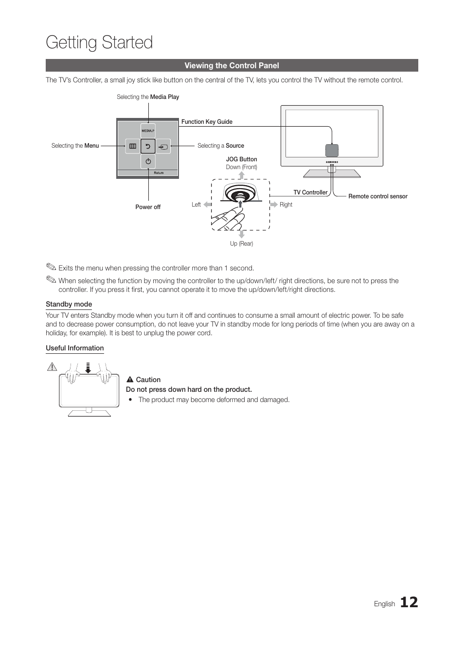 Viewing the control panel, Getting started | Samsung LT28C570ND-ZA User Manual | Page 12 / 44