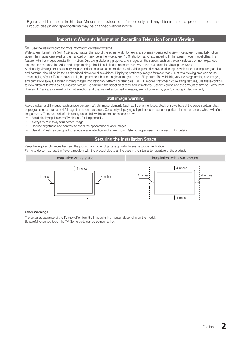 Still image warning, Securing the installation space | Samsung LT28C570ND-ZA User Manual | Page 2 / 44