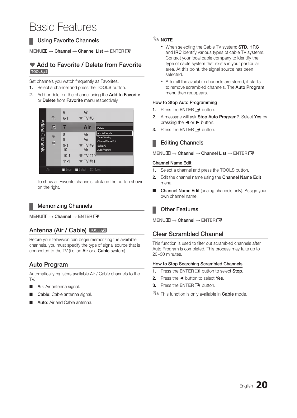 Using favorite channels, Memorizing channels, Editing channels | Other features, Basic features, Add to favorite / delete from favorite, Antenna (air / cable), Auto program, Clear scrambled channel | Samsung LT28C570ND-ZA User Manual | Page 20 / 44