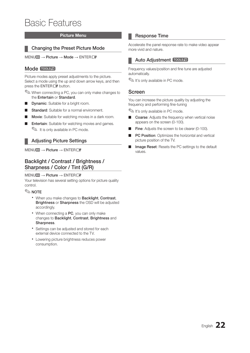 Picture menu, Changing the preset picture mode, Adjusting picture settings | Response time, Auto adjustment t, Response time 22 auto adjustment, Basic features | Samsung LT28C570ND-ZA User Manual | Page 22 / 44