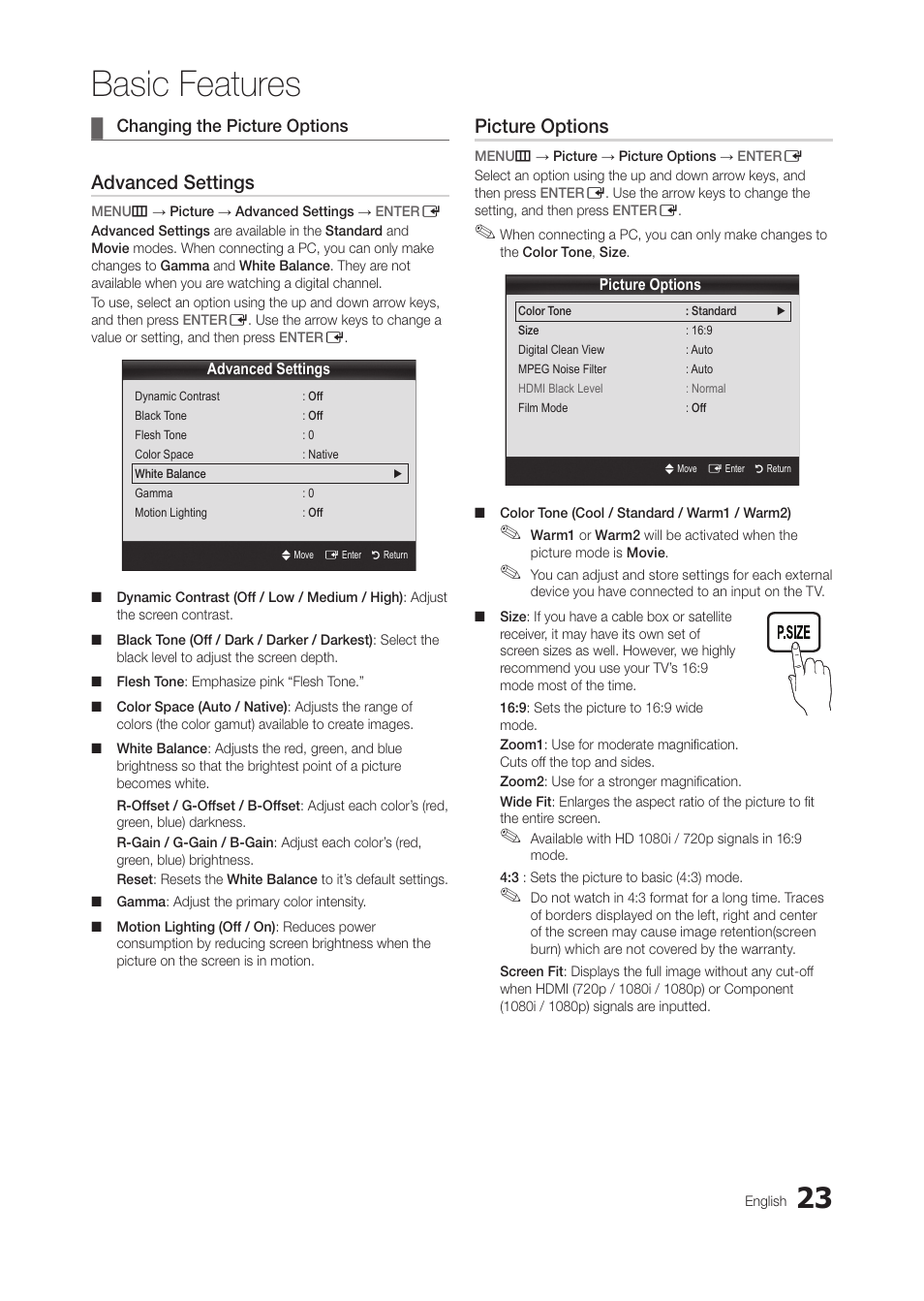 Changing the picture options, Basic features, Advanced settings | Picture options | Samsung LT28C570ND-ZA User Manual | Page 23 / 44