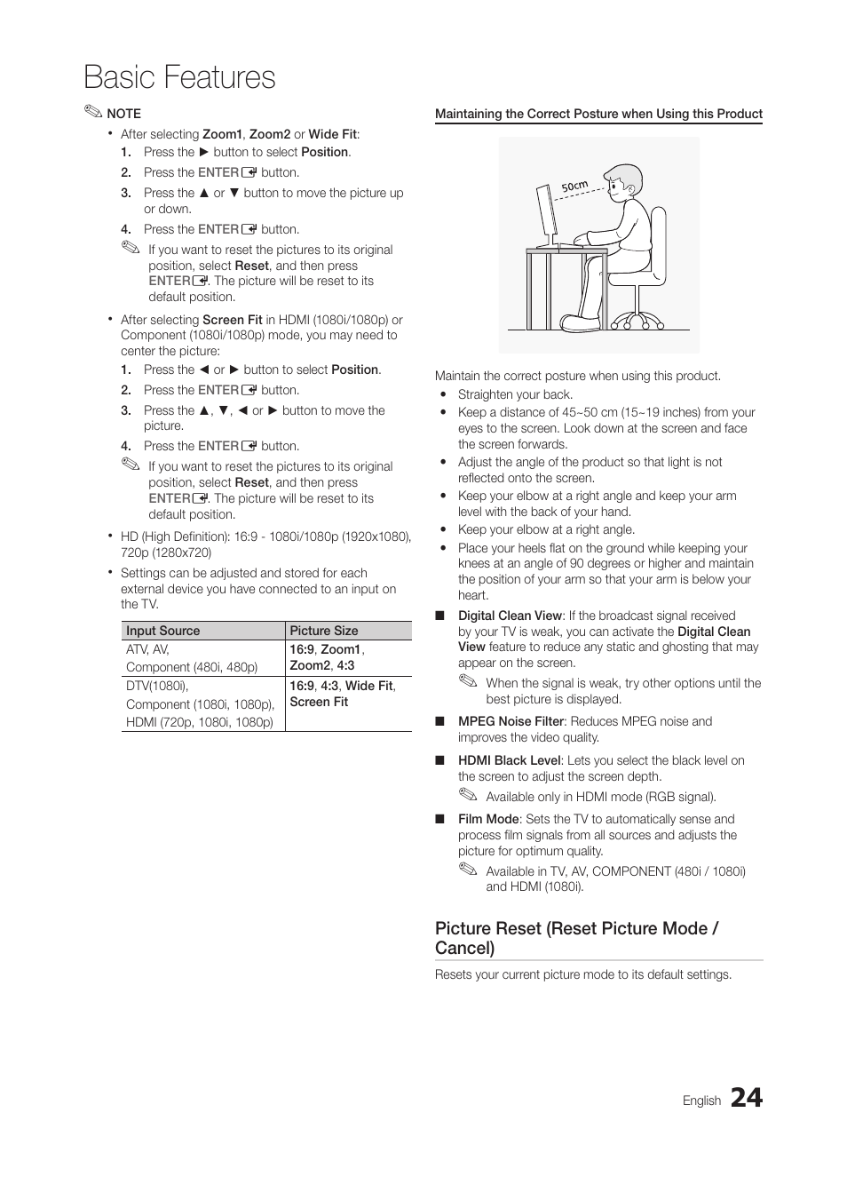 Basic features, Picture reset (reset picture mode / cancel) | Samsung LT28C570ND-ZA User Manual | Page 24 / 44
