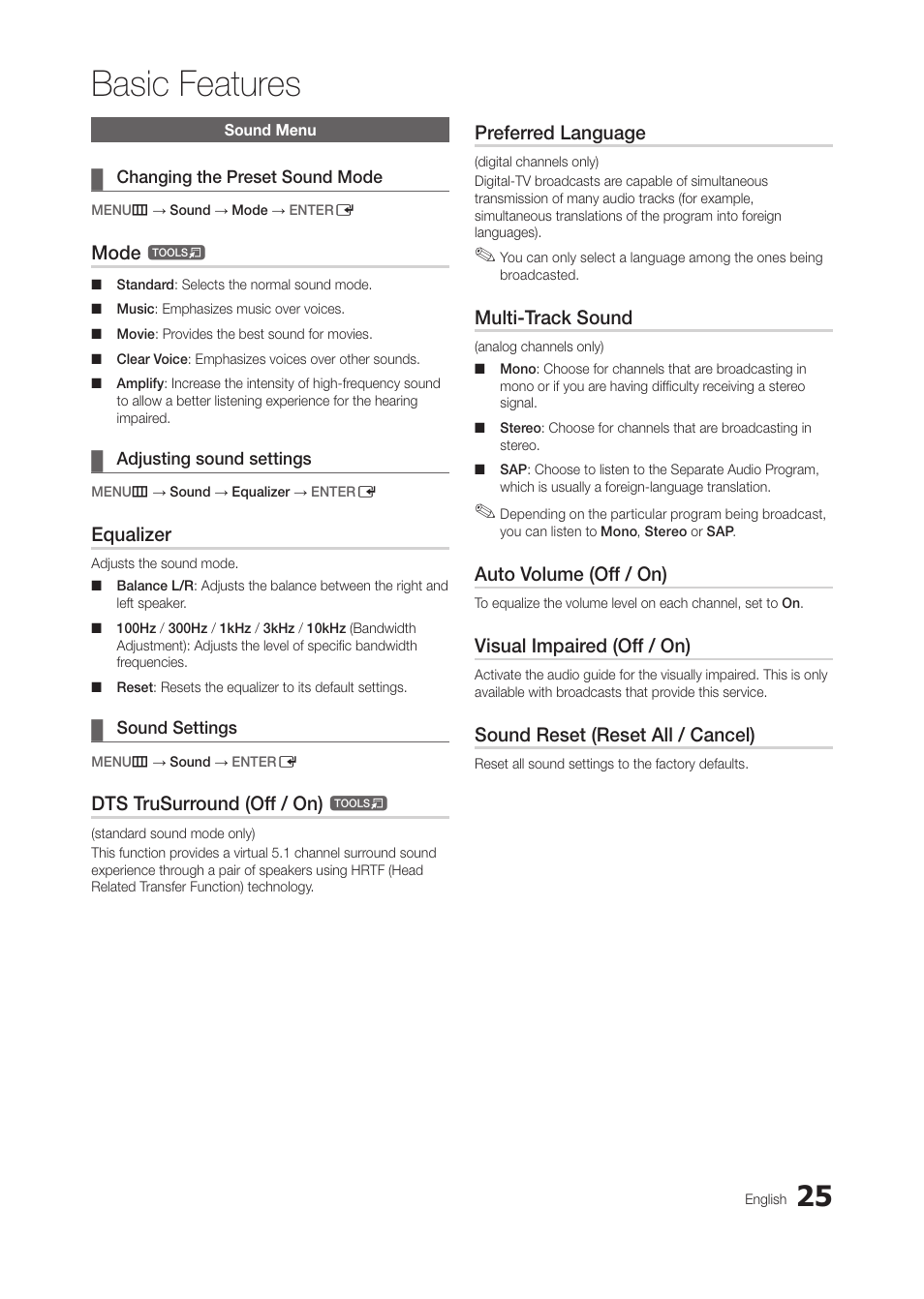 Sound menu, Changing the preset sound mode, Adjusting sound settings | Sound settings, Basic features, Mode, Equalizer, Dts trusurround (off / on), Preferred language, Multi-track sound | Samsung LT28C570ND-ZA User Manual | Page 25 / 44