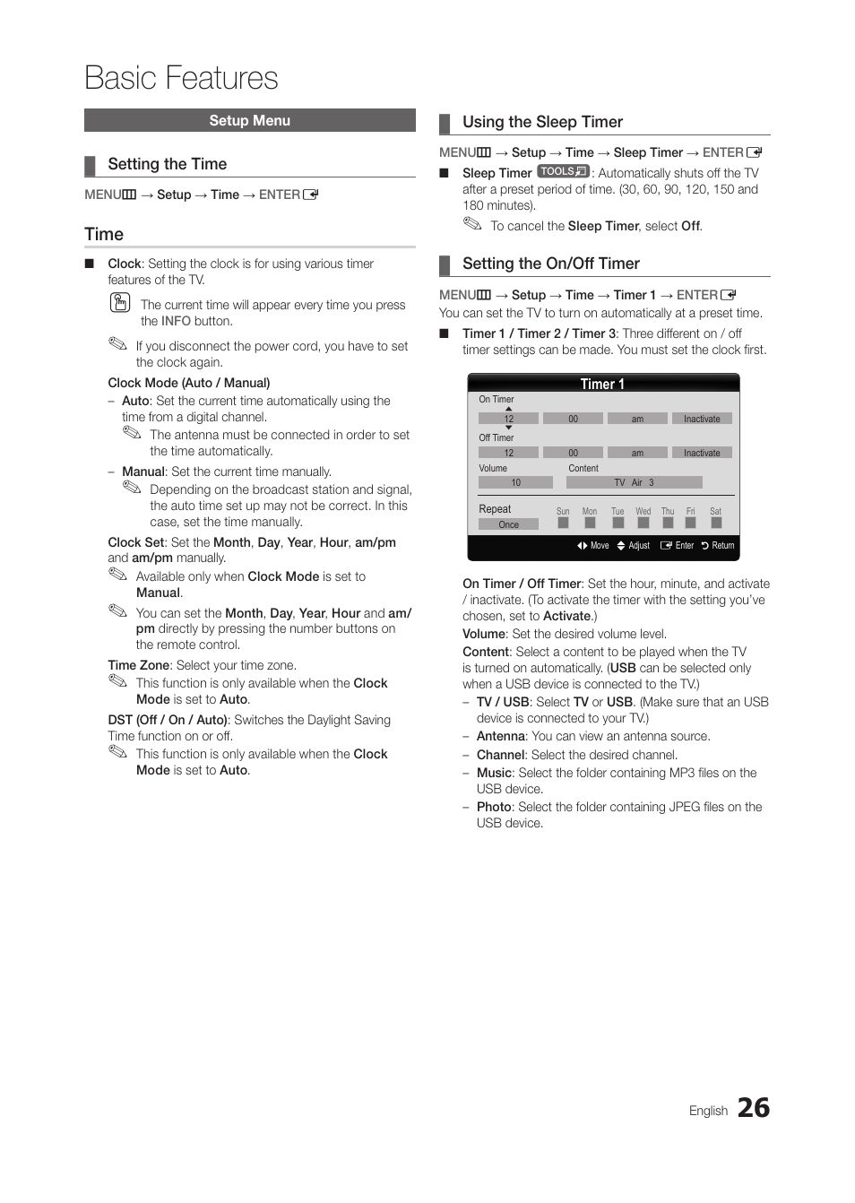 Setup menu, Setting the time, Using the sleep timer | Setting the on/off timer, Basic features, Time | Samsung LT28C570ND-ZA User Manual | Page 26 / 44