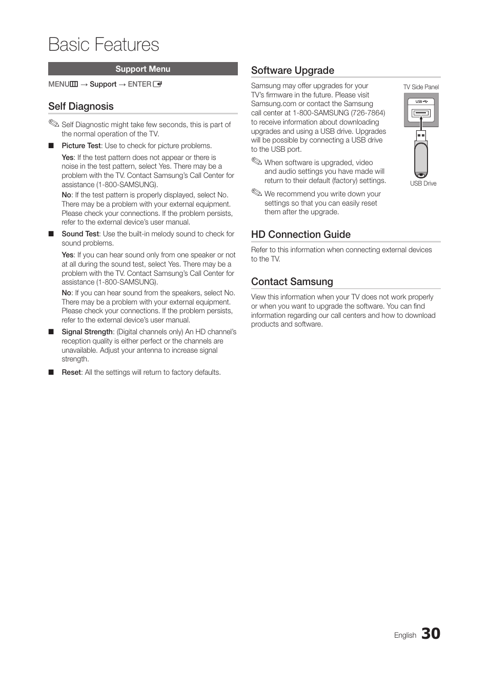 Support menu, Basic features | Samsung LT28C570ND-ZA User Manual | Page 30 / 44