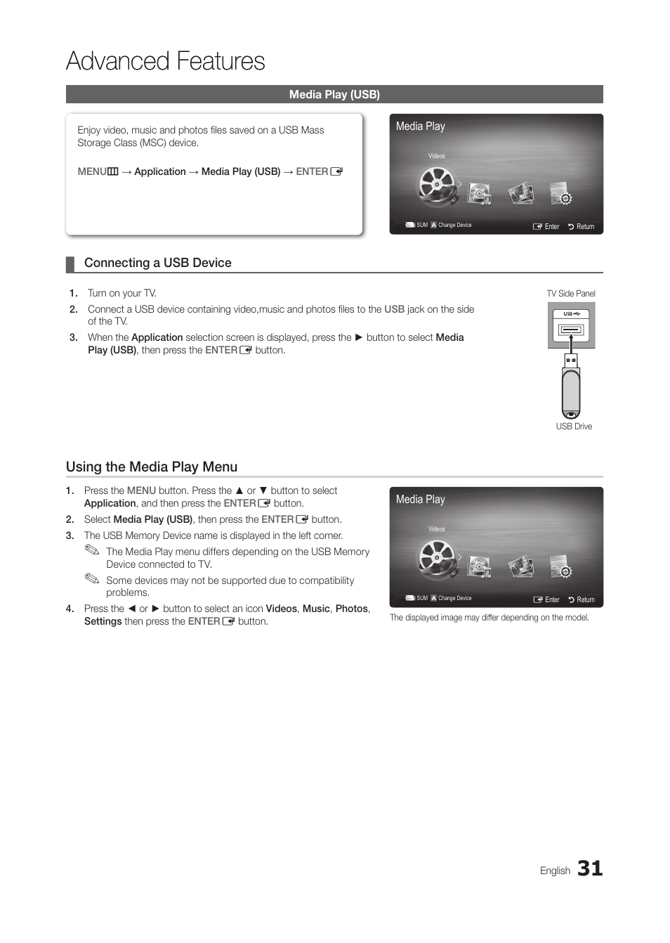 Advanced features, Media play (usb), Connecting a usb device | Using the media play menu | Samsung LT28C570ND-ZA User Manual | Page 31 / 44