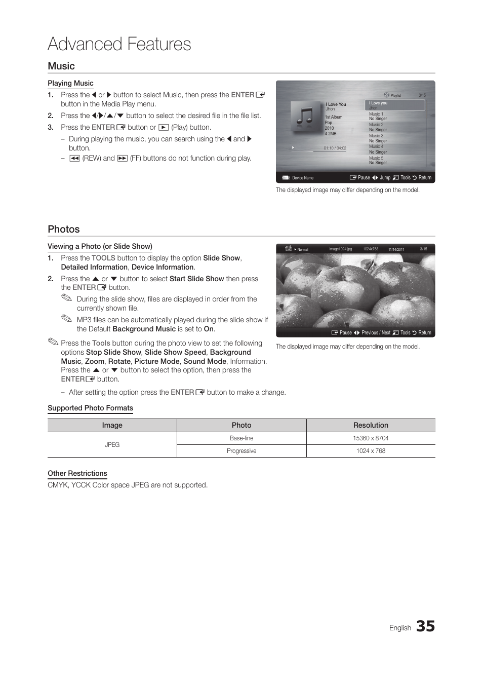 Advanced features, Music, Photos | Samsung LT28C570ND-ZA User Manual | Page 35 / 44