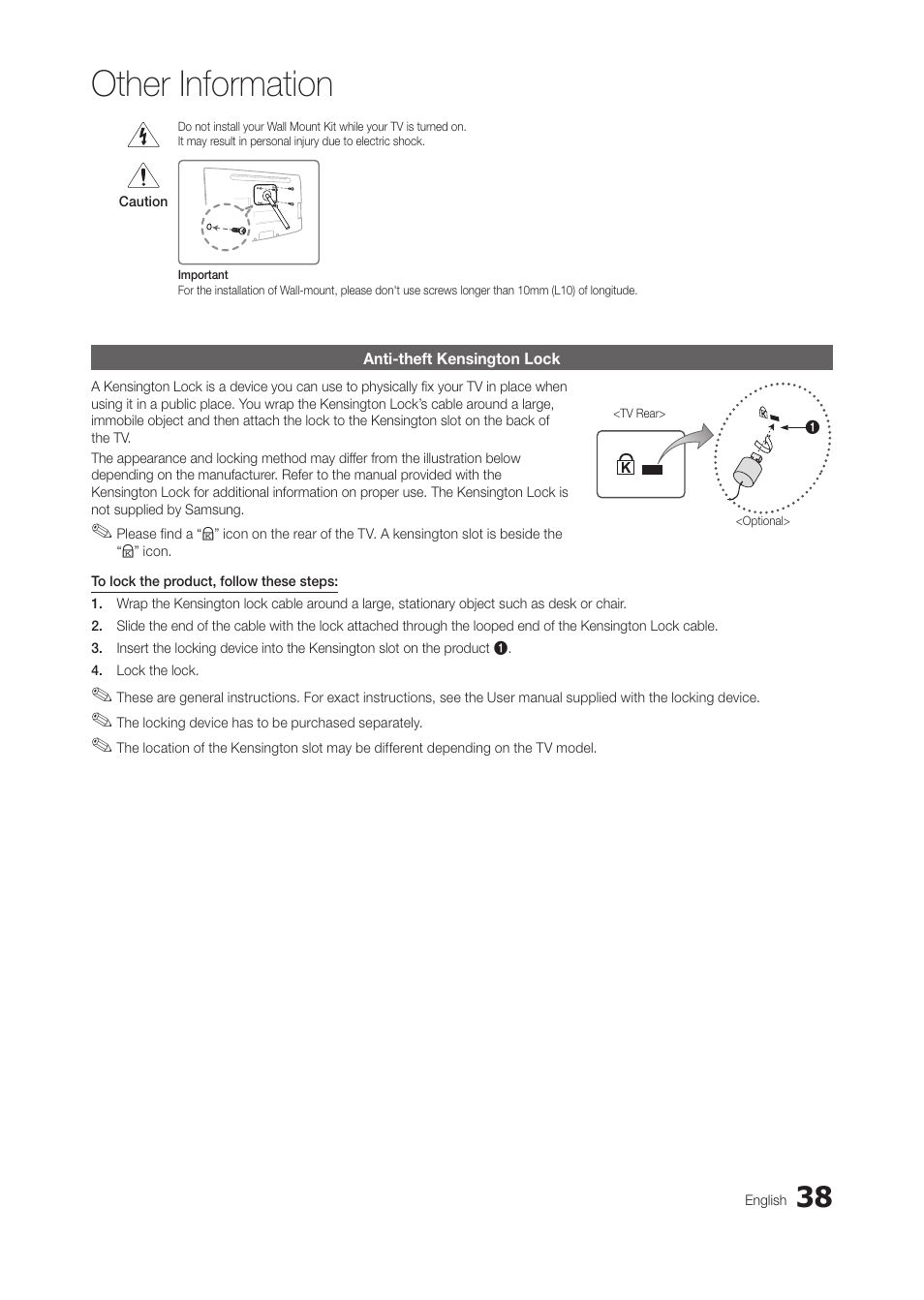 Anti-theft kensington lock, Other information | Samsung LT28C570ND-ZA User Manual | Page 38 / 44